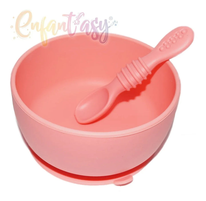 Bowl De Silicona Con Ventosa Y Cuchara Libre De Bpa Color Salmón