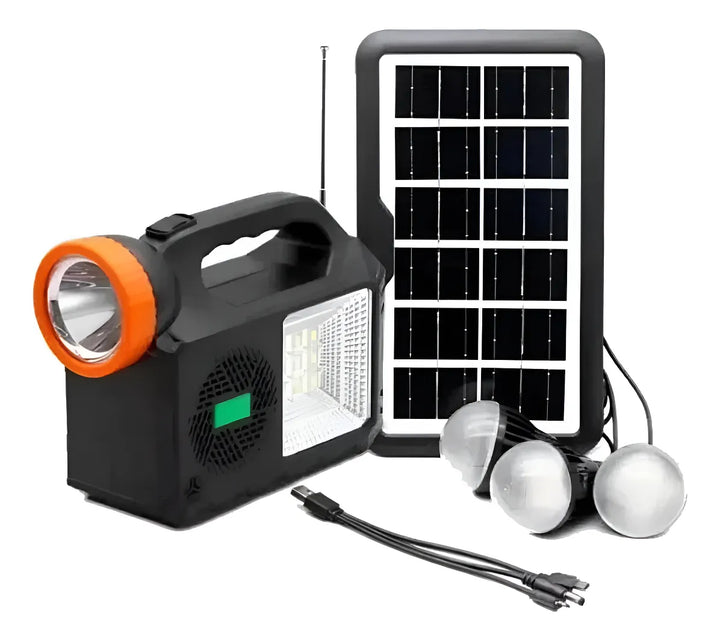 Radio Parlante Con Panel Solar Linterna+3bombillos Fm Am Bt Negro