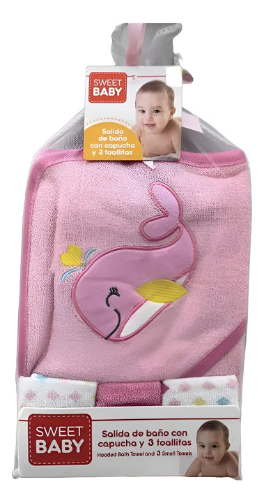 Salida De Baño Capucha +3 Toallitas Para Bebes Diseño Animal Rosa