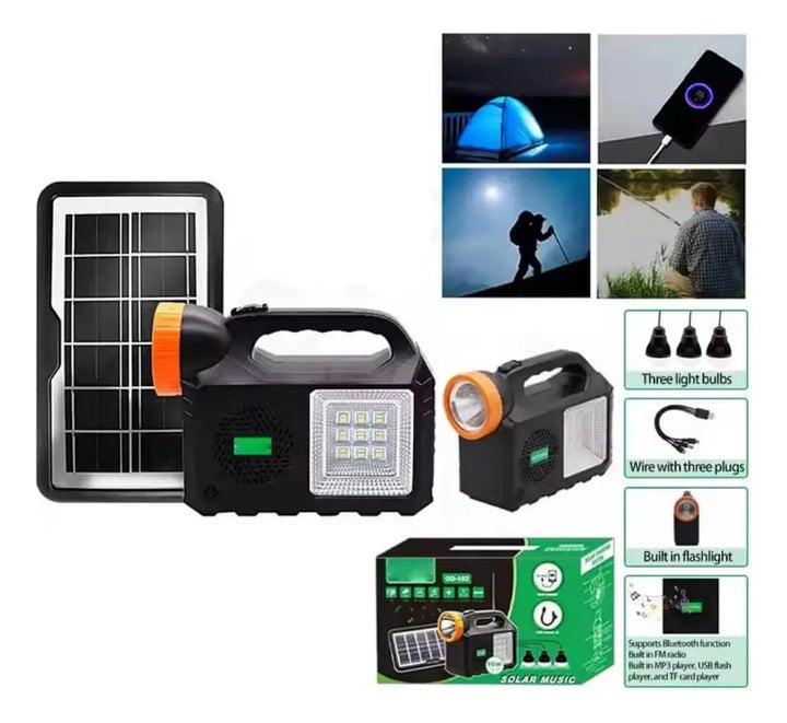 Radio Parlante Con Panel Solar Linterna+3bombillos Fm Am Bt Negro