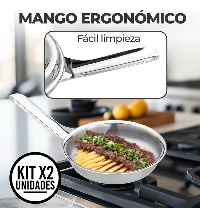 Set X2 Sartén Acero Quirúrgico 1810 Con Tapa Cocina Gourmet Plateado