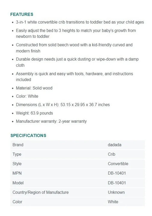 Cuna A Cama Infantil Dadada Soho 3 En 1 Convertible Madera Blanco