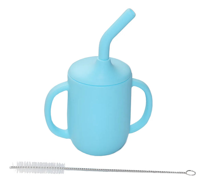 Vaso Pitillo Silicona Bebés Taza Entrenamiento Con Cepillo Color Celeste