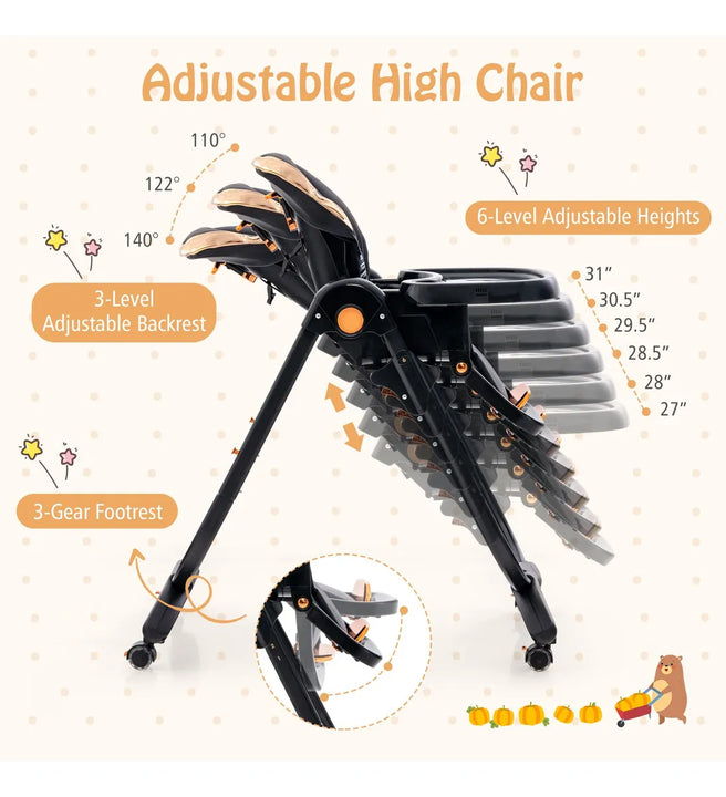 Silla Alta Plegable Ajustable Con Ruedas Para Bebés Negro