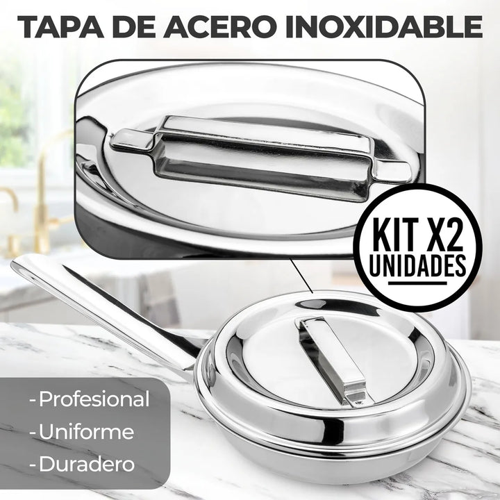 Set x2 Sartenes de Acero Quirúrgico 18/10 con Tapa, Cocina Gourmet Saludable, Alta Durabilidad, Antiadherente Natural sin Revestimientos, Apta para Todo Tipo de Estufas