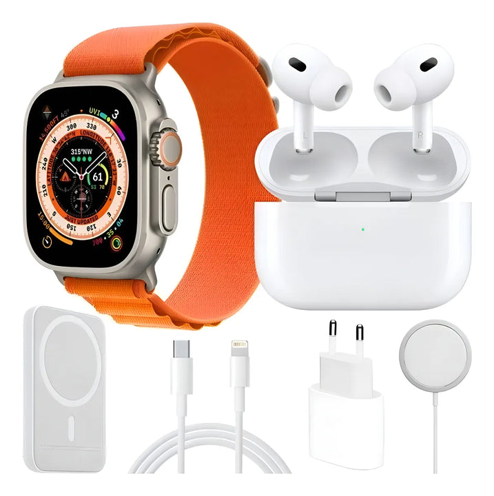 Combo Unique Reloj X8 Ultra Smartwatch Naranja + Audífonos + Power Bank 10000mAh