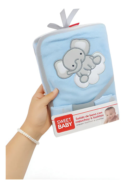 Set Salida De Baño Bebé Con Capucha + 3 Toallitas Suaves Azul Claro