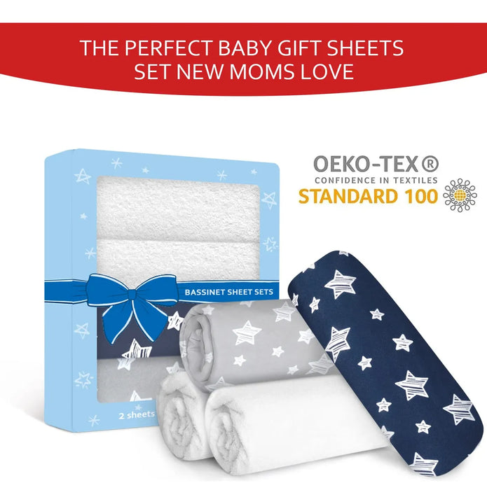 Juego De 4 Sábanas Y Protector De Colchón De Moisés Gris Azu