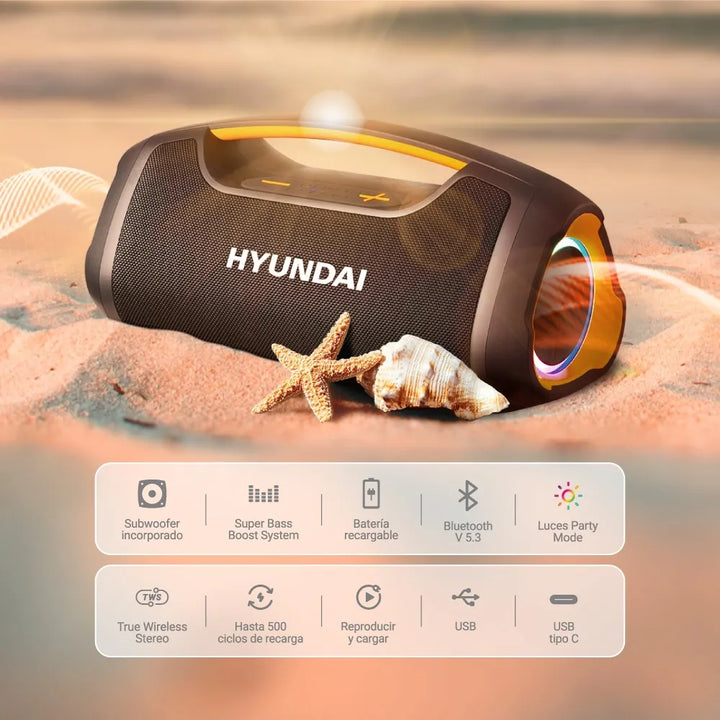 Parlante Hyundai Portátil Bluetooth/fm 120/watts Impermeable Negro