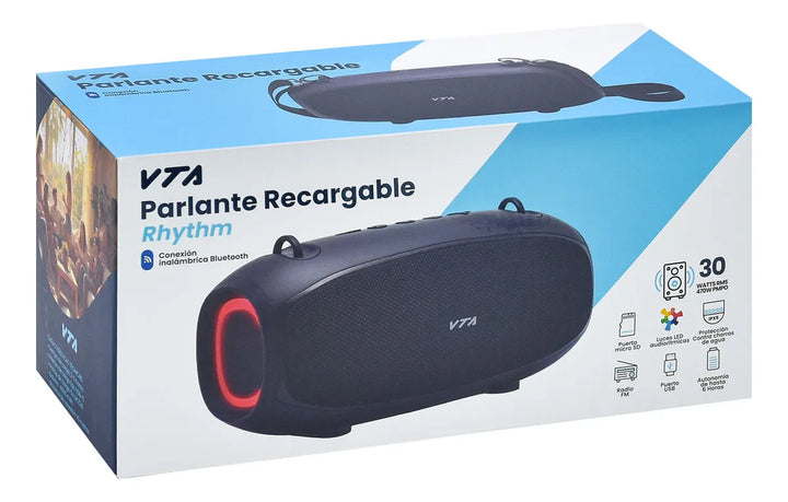 Parlante Recargable Rhythm 30w Vta Con Bluetooth Luces Led Y Color Negro
