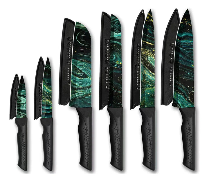 Juego De 12 Cuchillos De Cocina Coloridos Piedra Verde