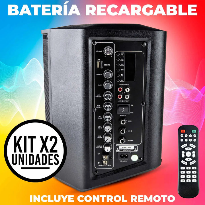 Set x2 Bafles Recargables 8" 30W Con Micrófono, Radio FM, Luces LED y Bluetooth Sonido Potente y Portátil Ideal Para Fiestas, Reuniones o Eventos en Casa o al Aire Libre