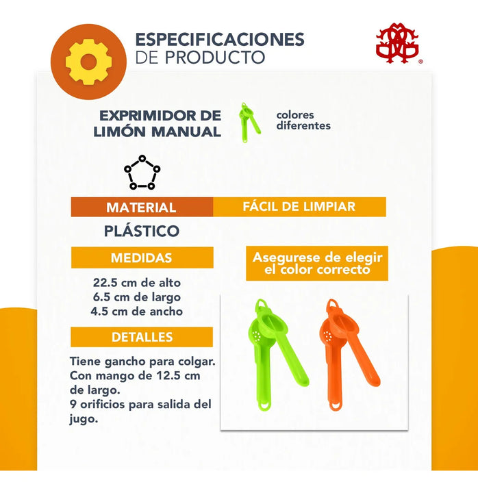 Exprimidor De Limon Manuel Plastico Citricos Cocina C159 Color Naranja