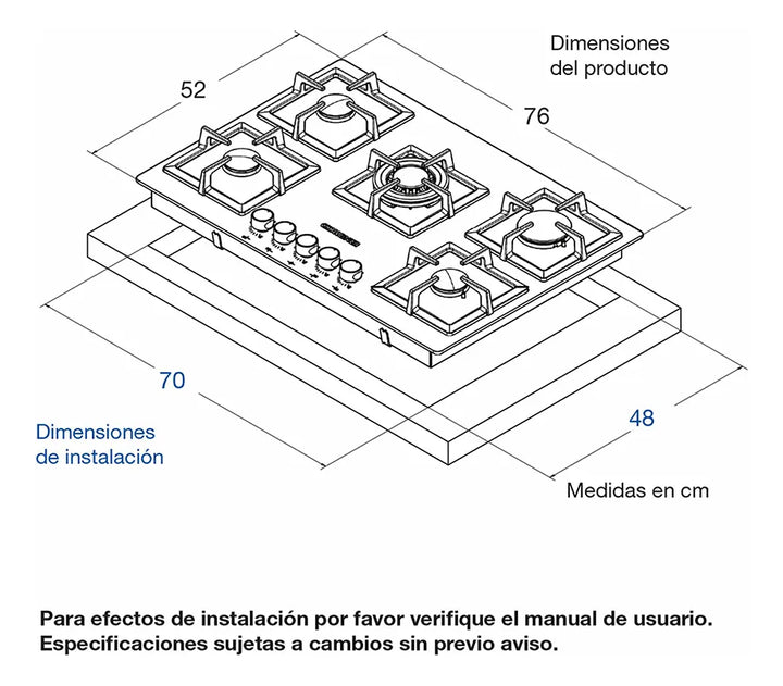 Estufa De Empotrar Vidrio Templado Negro Cinco Puestos 76 Cm