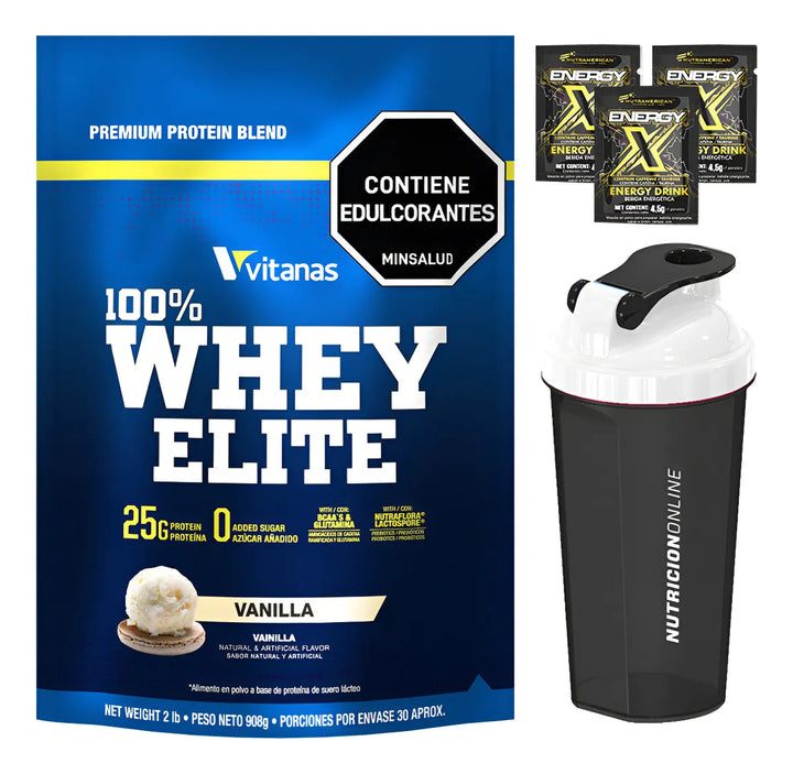 Proteina Whey Elite 100% - 2lbs + Termo + 3 Energizantes Sabor Vainilla + Termo Nutriciononline