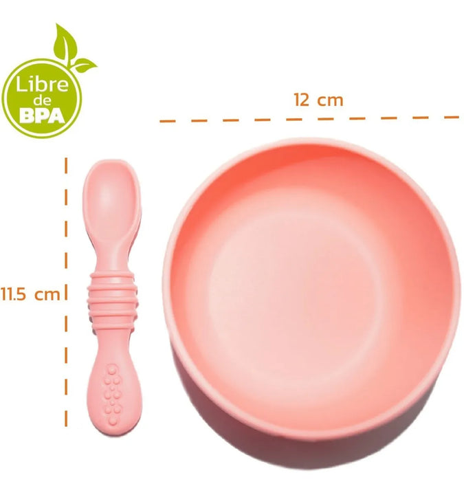 Bowl De Silicona Con Ventosa Y Cuchara Libre De Bpa Color Salmón