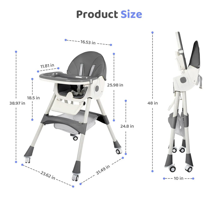 Silla Alta Plegable 6 En 1 Para Bebé Con Ruedas Ajustable