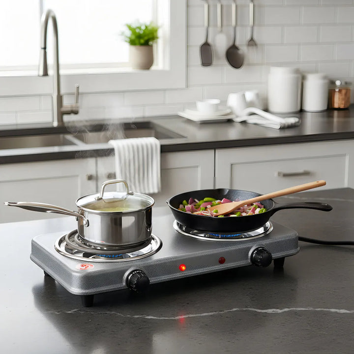 Fogon Estufa Electrica Portatil Gris Negro Cafe 2 Puestos Quemadores Potencia 2000w Cocina Compacta Resistente Hogar Oficina Viajes Camping Practica Rapida Segura Limpieza Sencilla