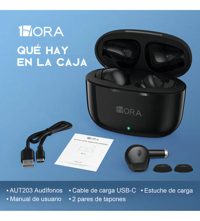 Audífonos In-ear Inalámbricos 1Hora AUT203 Color Negro Bluetooth 5.3 con Micrófono