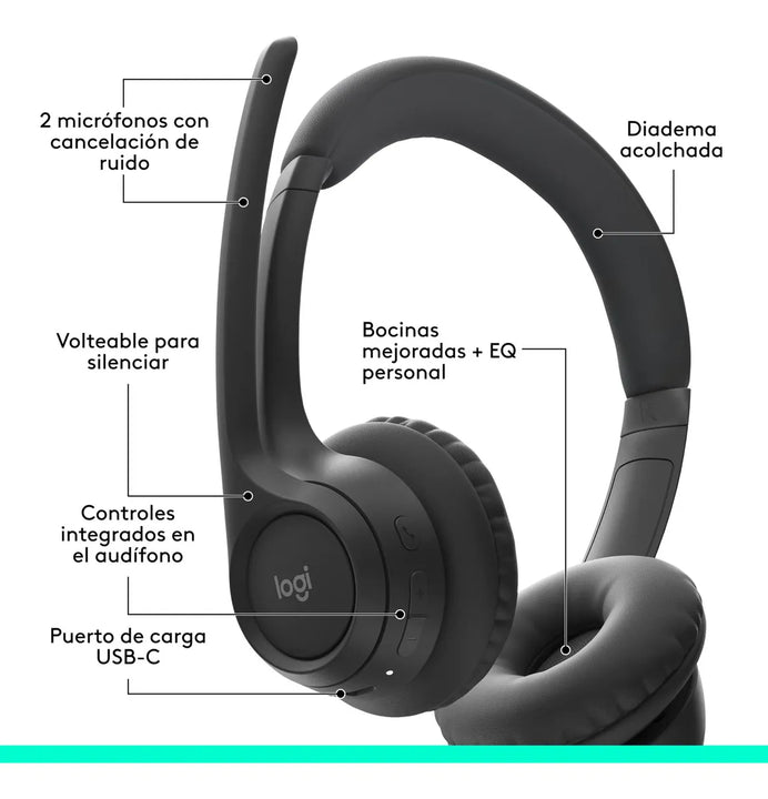 Logitech Zone 300, Diadema Bt Inalámbrica, 2 Micrófonos, Blk Color Negro Luz Blanco