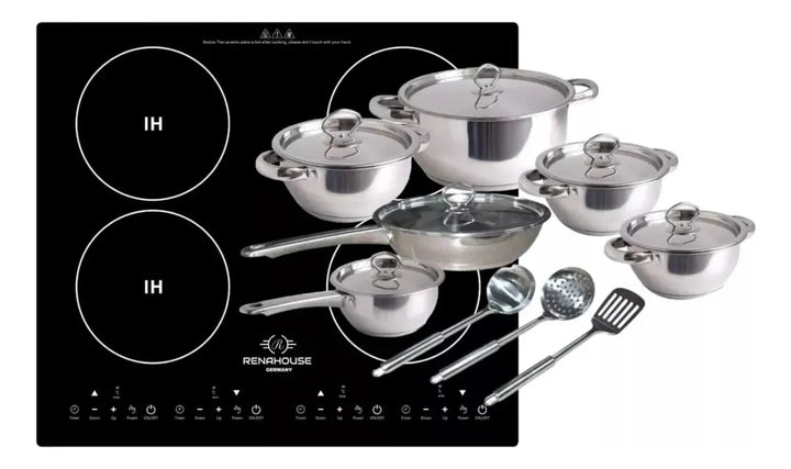 Estufa De Induccion 4 Puestos Empotrable + Bateria 15 Piezas Negro/plateado