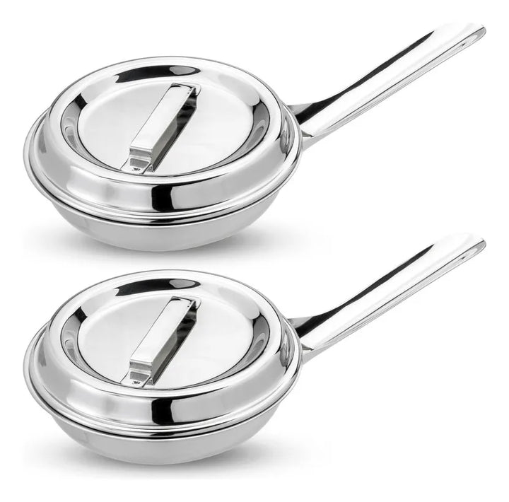 Set x2 Sartenes de Acero Quirúrgico 18/10 con Tapa, Cocina Gourmet Saludable, Alta Durabilidad, Antiadherente Natural sin Revestimientos, Apta para Todo Tipo de Estufas