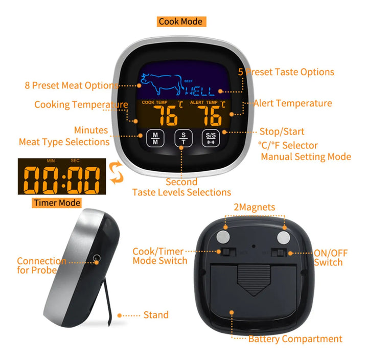 Termómetro Digital Carne Pantalla Táctil Lcd, Temporizador