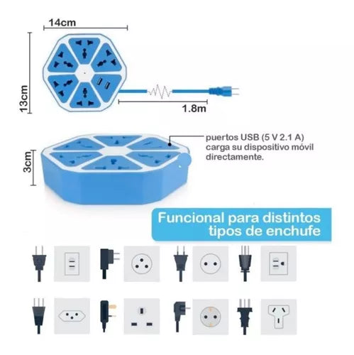 Multitoma Hexagonal Alargue Enchufes 5 Toma Corriente 2 Usb