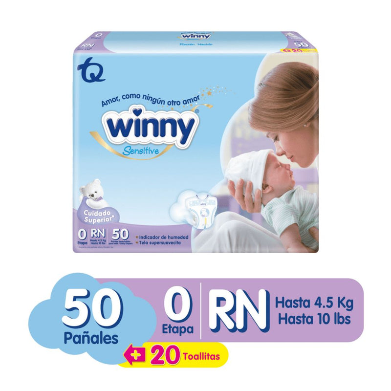 WINNY SENSITIVE GOLD ETAPA 0 X50 UND + GRATIS 20 TOALLITAS HUMEDAS RECIÉN NACIDO