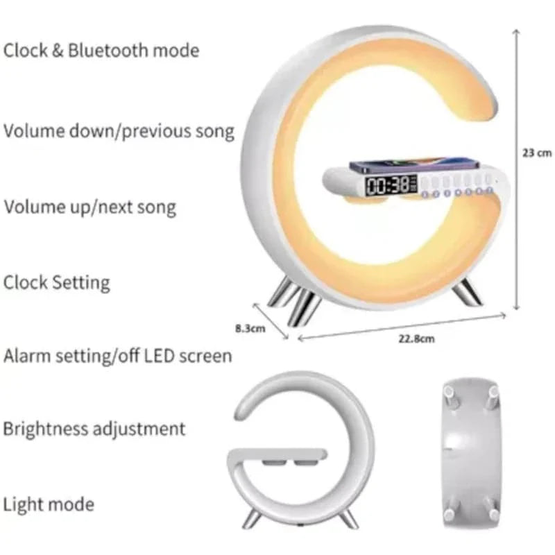 Lampara rgb con parlante bluetooth y despertador con carga inalámbrica para teléfonos