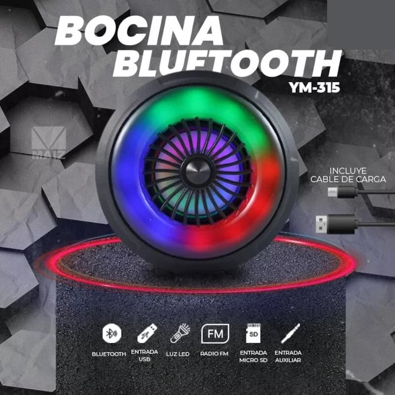 Parlante portátil con bluetooth, micro SD, USB y Aux con luces RGB