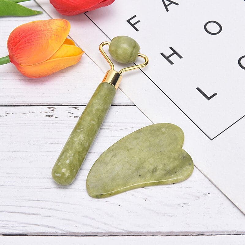 Set 2 Rodillos Masajeadores Faciales + Piedra Gua Sha