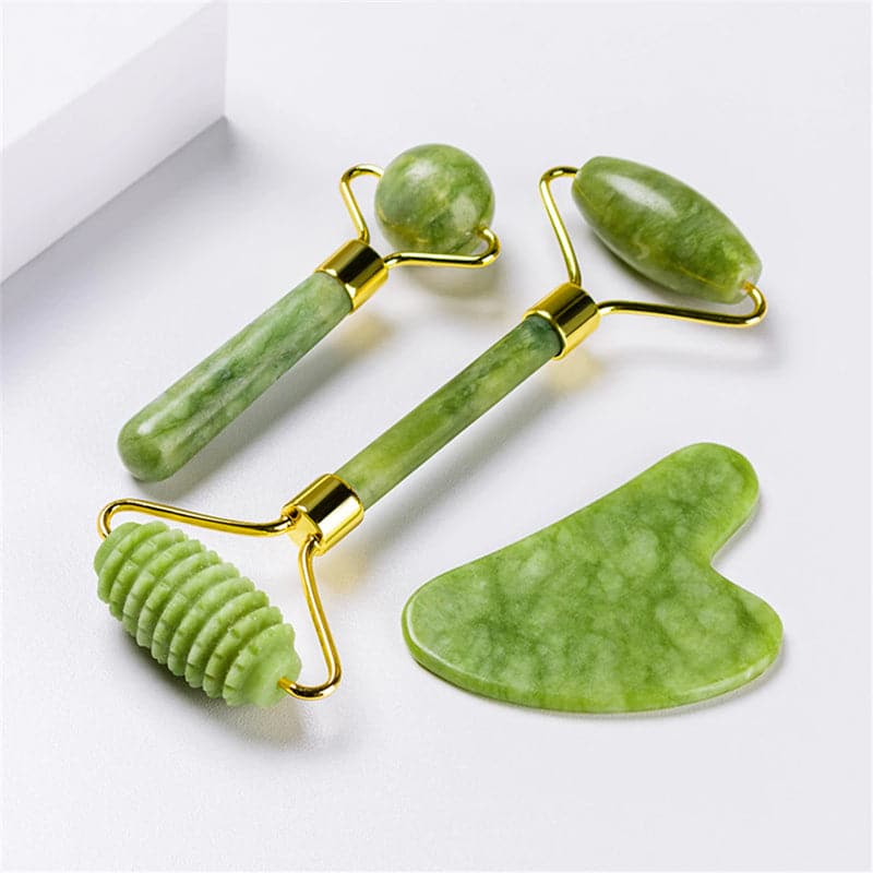 Set 2 Rodillos Masajeadores Faciales + Piedra Gua Sha