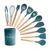 Set de utensilios de cocina de silicona de 12 piezas con mangos de madera - Herramientas de cocina antiadherentes y resistentes al calor, fáciles de limpiar - Ideal para Navidad, Halloween, Acción de Gracias, Ramadán