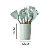 Set de utensilios de cocina de silicona de 12 piezas con mangos de madera - Herramientas de cocina antiadherentes y resistentes al calor, fáciles de limpiar - Ideal para Navidad, Halloween, Acción de Gracias, Ramadán