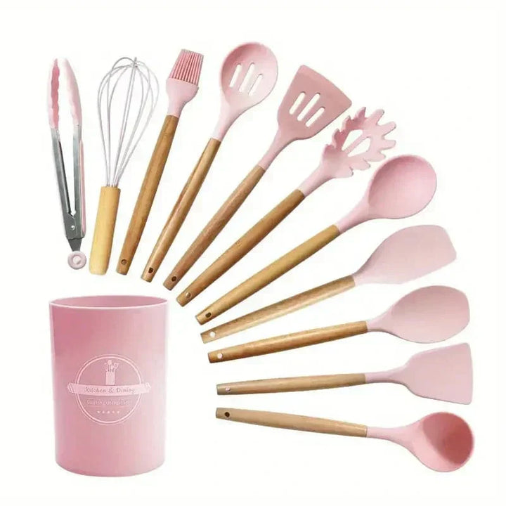 Set de utensilios de cocina de silicona de 12 piezas con mangos de madera - Herramientas de cocina antiadherentes y resistentes al calor, fáciles de limpiar - Ideal para Navidad, Halloween, Acción de Gracias, Ramadán