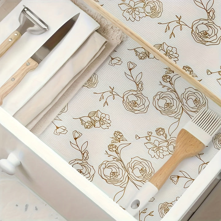 Rollo de Forro para Estantería EVA con Diseño Floral Dorado No Adhesivo - Impermeable, Antideslizante para Armarios y Cajones en Cocina, Baño y Organización del Despensa