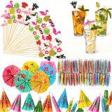 100/200 unidades Accesorios de bebidas de cóctel de bambú, piña de playa Tucán hoja de palma hecha a mano, con sombrilla de bambú para pinchos de cóctel, para aperitivos, fiestas hawaianas, bodas y cumpleaños
