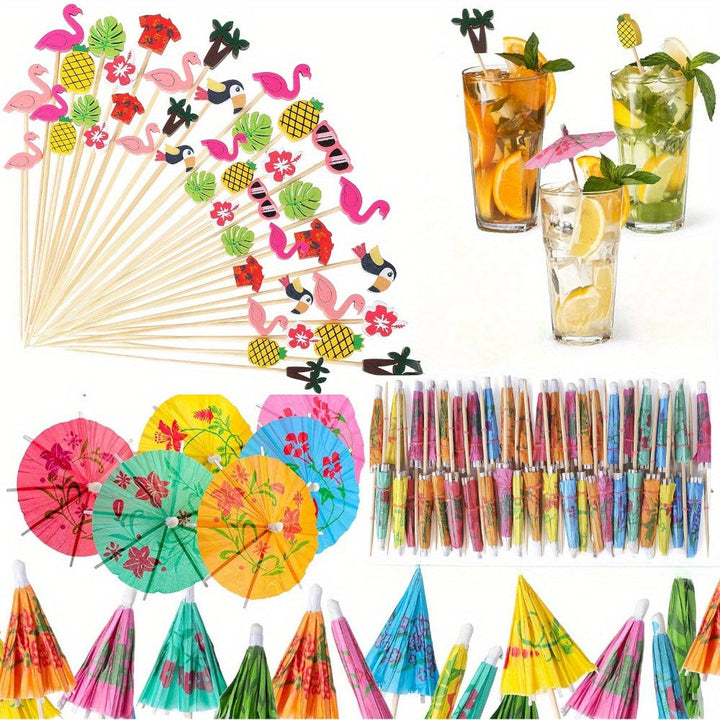 100/200 unidades Accesorios de bebidas de cóctel de bambú, piña de playa Tucán hoja de palma hecha a mano, con sombrilla de bambú para pinchos de cóctel, para aperitivos, fiestas hawaianas, bodas y cumpleaños