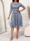 Vestido elegante con encaje floral, cinturón y dobladillo con volantes, cuello redondo y mangas 3/4, ideal para primavera y otoño, ropa de mujer