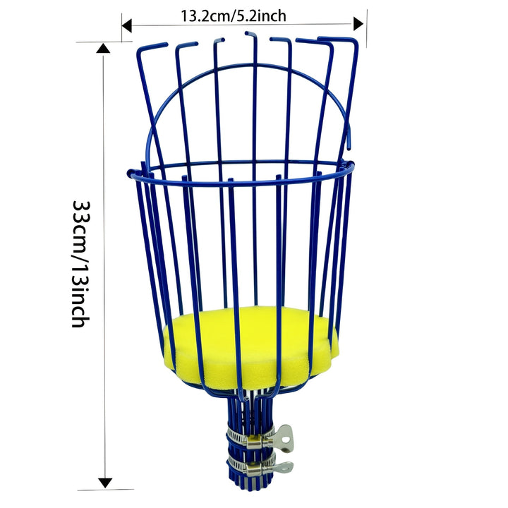 Recogedor de Frutas Metálico Rojo con Pinza Ajustable y Cesta de Tela Amarilla - Cosecha Fácil para Manzanas, Melocotones y Más, Accesorio de Jardín | Diseño Ajustable | Construcción Metálica
