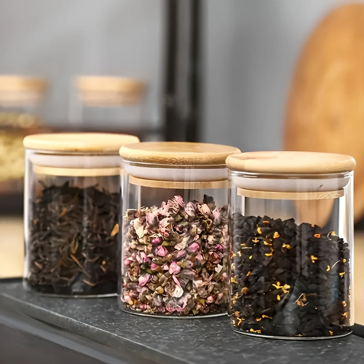 1 Juego de 12 Jarras de Vidrio Transparente Redondas de Uso Alimentario con Tapa de Bambú, Papel y Pluma, para Almacenamiento de Comida, Snacks, Hierbas, Granos y Frutas Secas, con un Estilo Simple.