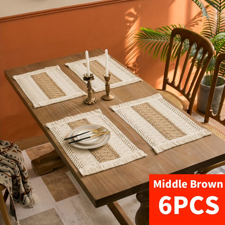 4/6piezas Manteles de arpillera bohemios, manteles de mesa de lino tejido a mano de estilo chic, manteles rectangulares de rayas con sensación de lujo ligero, adecuados para mesas de café, decoración del hogar y decoración de entretenimiento festivo - Du