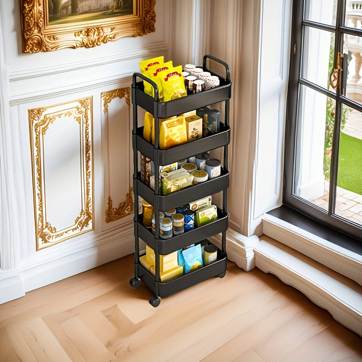 Carrito organizador de 5 niveles en blanco y negro, con ruedas - Organizador versátil para suministros de cocina, despensa y artículos del hogar - Diseño de fácil movilidad, sin necesidad de ensamblaje, solución de almacenamiento para cocina | Carrito de