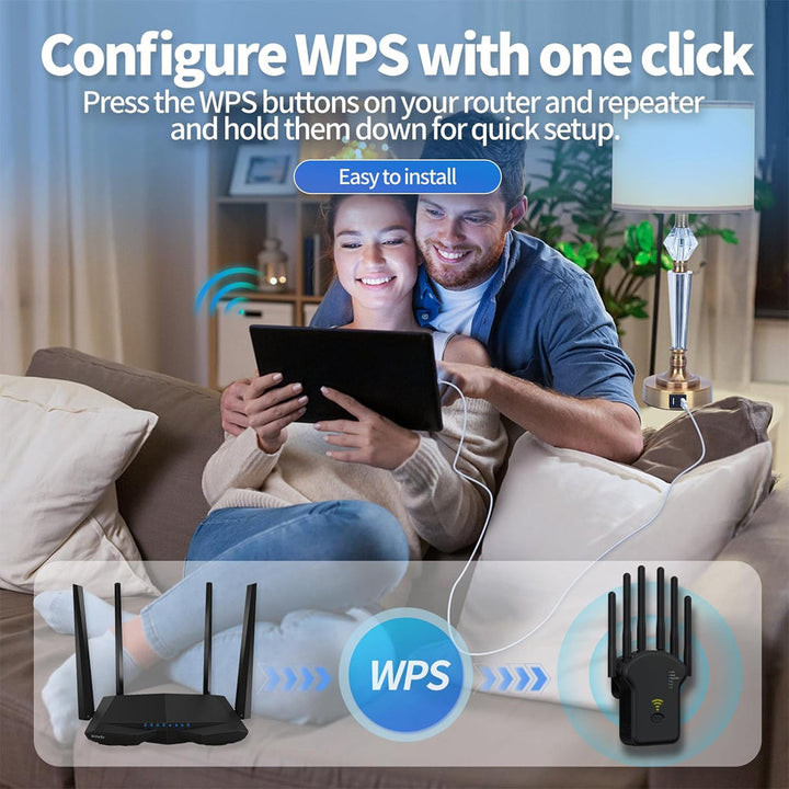 Amplificador de Señal WiFi Momoor, Potencia de Penetración Fuerte, Puede Conectar hasta 35 Dispositivos, 4 Antenas de Alta Ganancia, Cobertura de 9.14 metros, Puerto Ethernet, Configuración con Un Solo Clic, Adecuado para Hogar, Oficina, Café