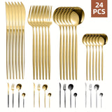 24 piezas Juego de cubiertos de acero inoxidable, juego de cubiertos aptos para lavavajillas con cuchillos, tenedores, cucharas, cucharaditas para el hogar, cocina, restaurante, fiesta, boda - Ideal para Navidad, Halloween, Pascua, Hanukkah, Acción de Gr