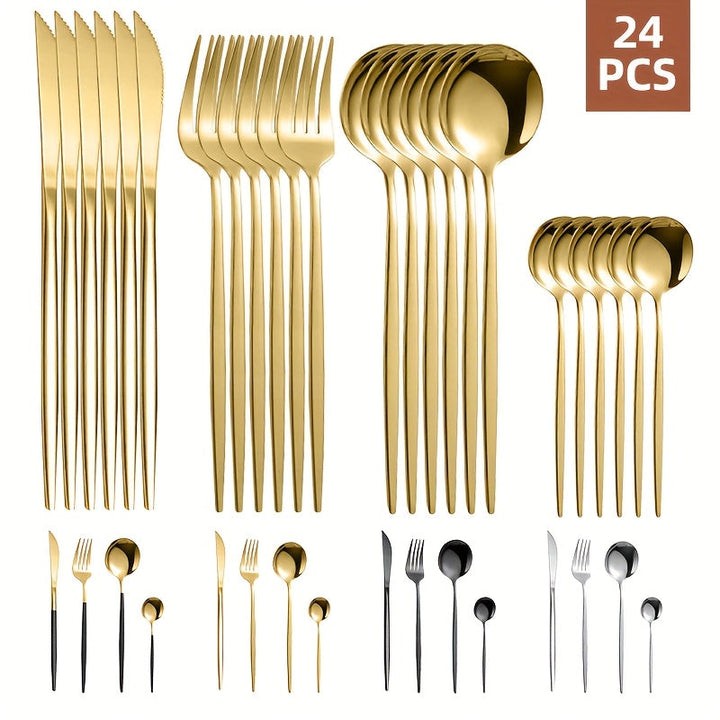 24 piezas Juego de cubiertos de acero inoxidable, juego de cubiertos aptos para lavavajillas con cuchillos, tenedores, cucharas, cucharaditas para el hogar, cocina, restaurante, fiesta, boda - Ideal para Navidad, Halloween, Pascua, Hanukkah, Acción de Gr