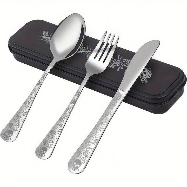 Juego de cubiertos gótico portátil, 4 piezas con estuche, acero inoxidable premium, incluye cuchara, tenedor y cuchillo, ideal para lonchera, campamento, senderismo, oficina, escuela o residencia, regalo perfecto para Día de Muertos, Navidad o Año Nuevo