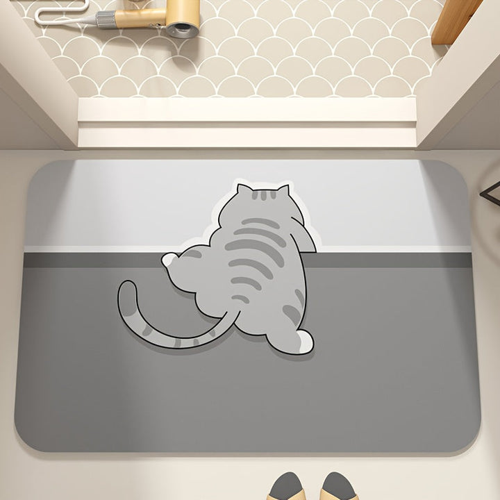 Alfombra Absorbente de Secado Rápido con Animales de Dibujos Animados Encantadores - Antideslizante, Sin Olor, Tierra de Diatomeas, Perfecta para Entradas de Baño y Cocina, Diseño de Conejo y Gato Lindo, Poliéster Suave