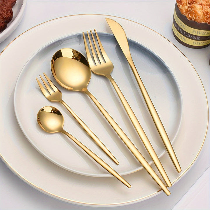 Juego de Cubiertos Elegante de Acero Inoxidable Dorado - 30 Piezas: Cuchillos, Tenedores y Cucharas Postre - Apto para Lavavajillas, Ideal para Hogar, Cocina, Restaurantes, Hoteles, Fiestas, Acción de Gracias, Navidad y Bodas - Juego de Utensilios de Alt